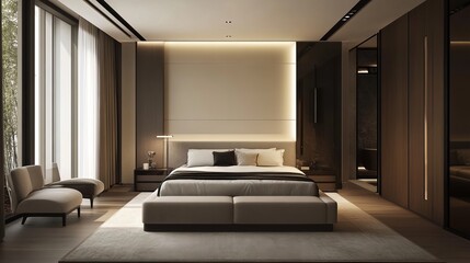A modern bedroom with a comfortable bed, designed with a stylish look.