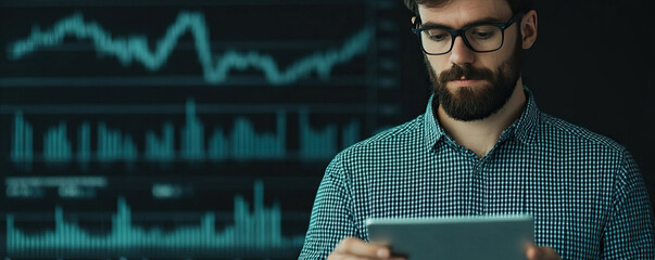 Focused professional analyzing data on a tablet, surrounded by digital graphs and statistics, highlighting modern technology in business.