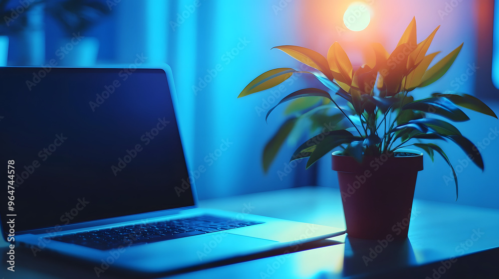 Wall mural a laptop and a potted plant on a desk, illuminated by soft warm light. the background is blurred wit