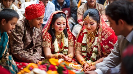 Traditional Nepalese Wedding Ceremony: A traditional wedding ceremony in Nepal, with the bride and groom in elaborate red and gold attire, surrounded by family and friends.
