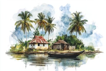 boat on the beach tin shed building with palm tree