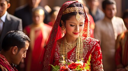 Traditional Nepalese Wedding Ceremony: A traditional wedding ceremony in Nepal, with the bride and groom in elaborate red and gold attire, surrounded by family and friends.
