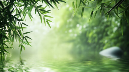 A lush green bamboo border frames a shimmering, sunlit water surface. This serene scene evokes a peaceful Asian spa atmosphere, leaving room for your message.