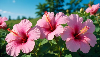 Pink hibiscus flowers in a field against a blue sky
