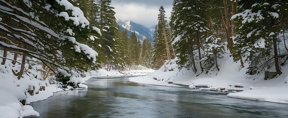 Frozen River Winding Through Snow-Covered Banff Forest with Mountain Views