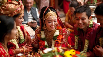 Fototapeta premium Traditional Nepalese Wedding Ceremony: A traditional wedding ceremony in Nepal, with the bride and groom in elaborate red and gold attire, surrounded by family and friends. 