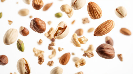 A mix of nuts, like pistachios, almonds, hazelnuts, walnuts, and cashews, are falling through the air against a white background. The nuts look fresh and dry, and they are all mixed together.
