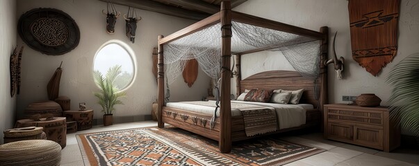 A safari-themed bedroom with a wooden canopy bed, mosquito netting, and tribal-patterned rugs, photorealistic, hyper-resolution, romantic and exotic hideaway