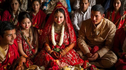 Naklejka premium Traditional Nepalese Wedding Ceremony: A traditional wedding ceremony in Nepal, with the bride and groom in elaborate red and gold attire, surrounded by family and friends. 