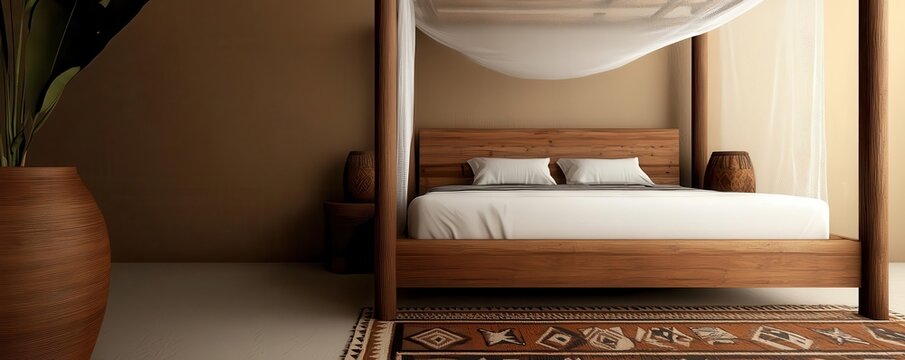 A safari-themed bedroom with a wooden canopy bed, mosquito netting, and tribal-patterned rugs, photorealistic, hyper-resolution, romantic and exotic hideaway