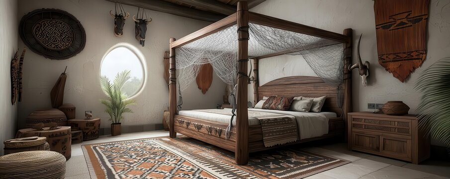 A safari-themed bedroom with a wooden canopy bed, mosquito netting, and tribal-patterned rugs, photorealistic, hyper-resolution, romantic and exotic hideaway