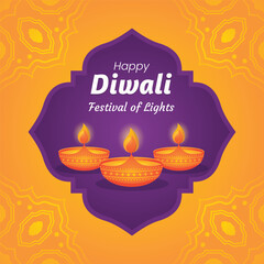Happy Diwali Poster with Diya Lamp and Peacock Vector Illustration.