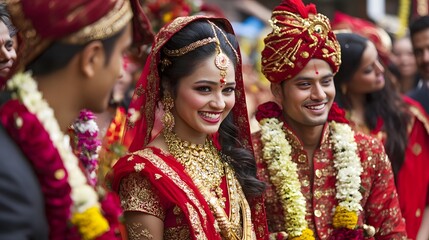 Fototapeta premium Traditional Nepalese Wedding Ceremony: A traditional wedding ceremony in Nepal, with the bride and groom in elaborate red and gold attire, surrounded by family and friends. 