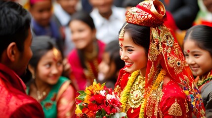 Traditional Nepalese Wedding Ceremony: A traditional wedding ceremony in Nepal, with the bride and groom in elaborate red and gold attire, surrounded by family and friends.
