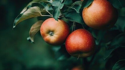 Red Apples Hanging on a Branch with Lush Green Leaves