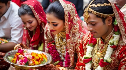 Traditional Nepalese Wedding Ceremony: A traditional wedding ceremony in Nepal, with the bride and groom in elaborate red and gold attire, surrounded by family and friends.
