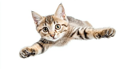 Fototapeta premium A playful cat leaps in the air, looking happy and smiling. The white background lets you add your own words. This image would work well as a wide banner for a website or phone wallpaper.