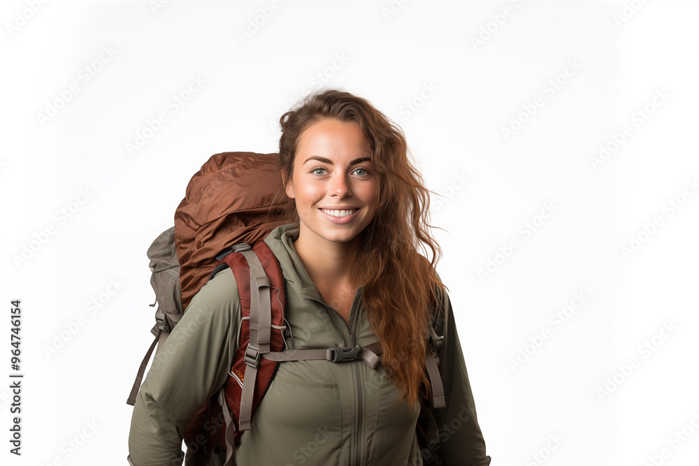 Poster young pretty brunette girl over isolated white background with mountaineer backpack