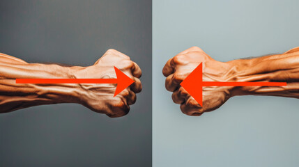 Two hands are shown: one fist is clenched, the other is open. Concept of force, attraction, reaction.