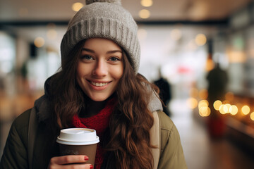 Young pretty brunette girl at indoors holding a take away coffee