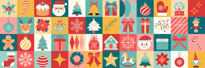 Christmas icons elements with geometric pattern. The image is a collage of various Christmas symbols, including a Santa Claus, a Christmas tree
