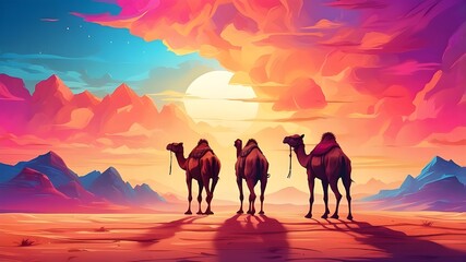 A stylised picture of camels traveling through the desert beneath a vivid sunset sky that is meant to represent abstract and best-selling characteristics perfect for wallpaper
