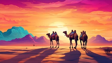 A stylised picture of camels traveling through the desert beneath a vivid sunset sky that is meant to represent abstract and best-selling characteristics perfect for wallpaper
