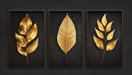 3 golden metal leaf wall art set with frame