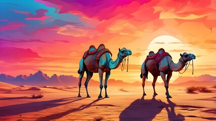 A stylised picture of camels traveling through the desert beneath a vivid sunset sky that is meant to represent abstract and best-selling characteristics perfect for wallpaper
