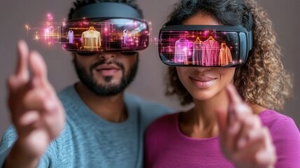 A diverse couple enjoys a virtual reality experience, showcasing futuristic technology and immersive digital interaction.