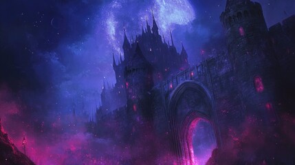 Obraz premium Dark Castle Under a Night Sky with a Giant Moon and Glowing Windows, Mysterious and Magical, Fantasy Art
