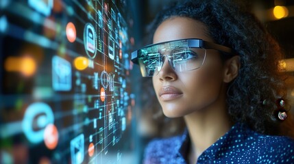 A focused woman wearing smart glasses explores digital data and technology in a modern setting, representing innovation and vision.