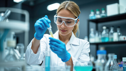 Fototapeta premium Scientist Working With Test Tube In Laboratory, Woman Lab Technician Focused On Analysis And Medical Research, Biology Concept
