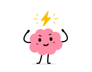 Vector cartoon illustration of cute strong brain and lightning symbol on white color background. Flat doodle style design of smile health brain character