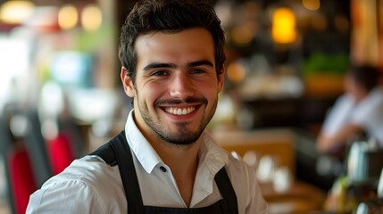 Fototapeta premium Waiter's Face with a Smile: Portrait of a waiter's face, smiling and welcoming, with a restaurant environment in the background. 