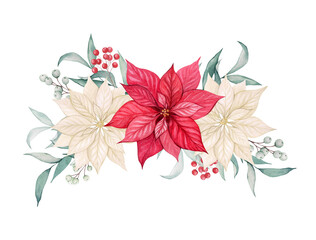 Watercolor Christmas composition poinsettia flower. Botanical illustration of Christmas star flower. Christmas bouquet with red and white flowers, leaves and berries. Festive design and decoration.