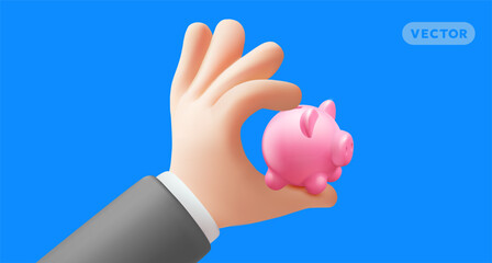 Vector illustration of gesture hand in sleeve hold carefully pink piggy bank on blue color background. 3d style design of man white skin hand and piggy bank