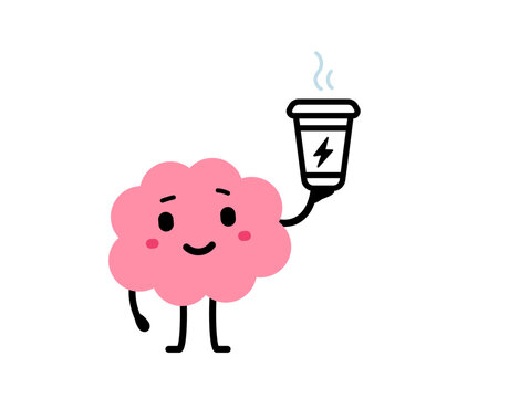 Vector cartoon illustration of cute happy brain hold coffee cup with lightning on white color background. Flat doodle style design of smile brain character and coffee break