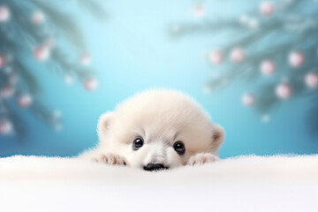 Christmas banner with cute polar bear. Bear above white banner looking at camera. Christmas signboard or gift card.