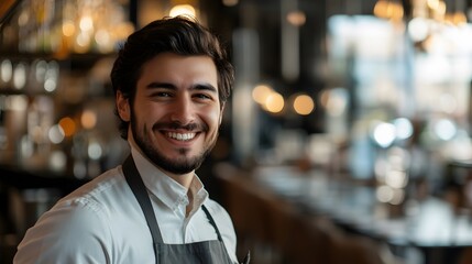 Fototapeta premium Waiter's Face with a Smile: Portrait of a waiter's face, smiling and welcoming, with a restaurant environment in the background. 