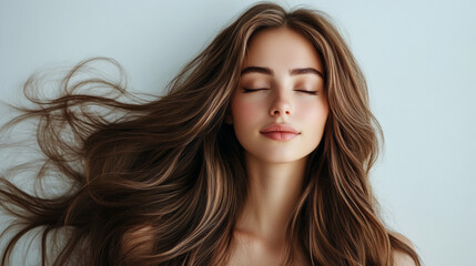 Fototapeta premium A stunning woman with long, brown hair, captured against a plain white background.