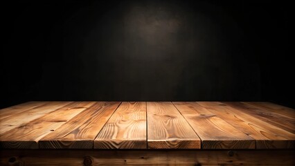 Rough empty wooden table with black wall background