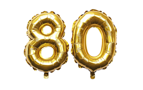80, number eighty font in golden balloon isolated on white or transparent background 