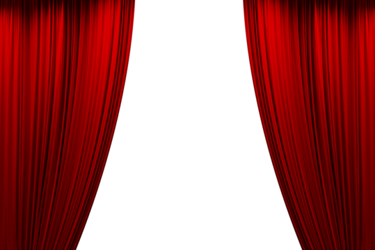 Open Red stage curtain, photo, png isolated on transparent background	