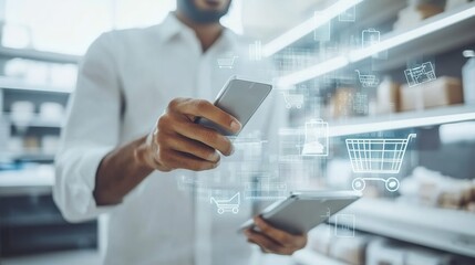 A person using two smartphones to engage in online shopping, showcasing digital technology and modern consumer habits.