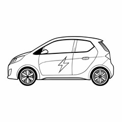 Electric car with lightning bolt, black and white outline illustration, eco-friendly vehicle