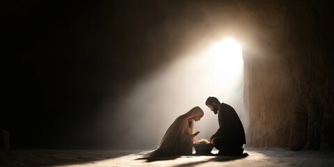 Mary and Joseph are by the manger in the stable caring for the infant Jesus 