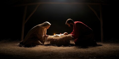 Mary and Joseph are by the manger in the stable caring for the infant Jesus 