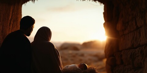 Mary and Joseph are by the manger in the stable caring for the infant Jesus 