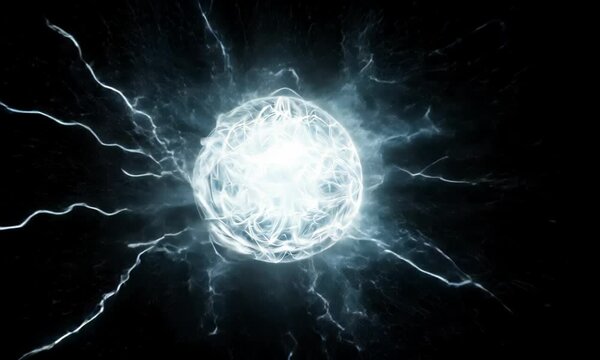 Spherical white neon energy or plasma ball with bright electric lightning streams and glowing effects on black background, VFX